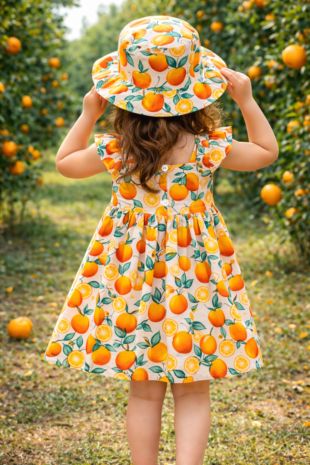 Laze Handmade Orange Fruit Print Girls Dress with Sun Hat Toddler Summer Dress