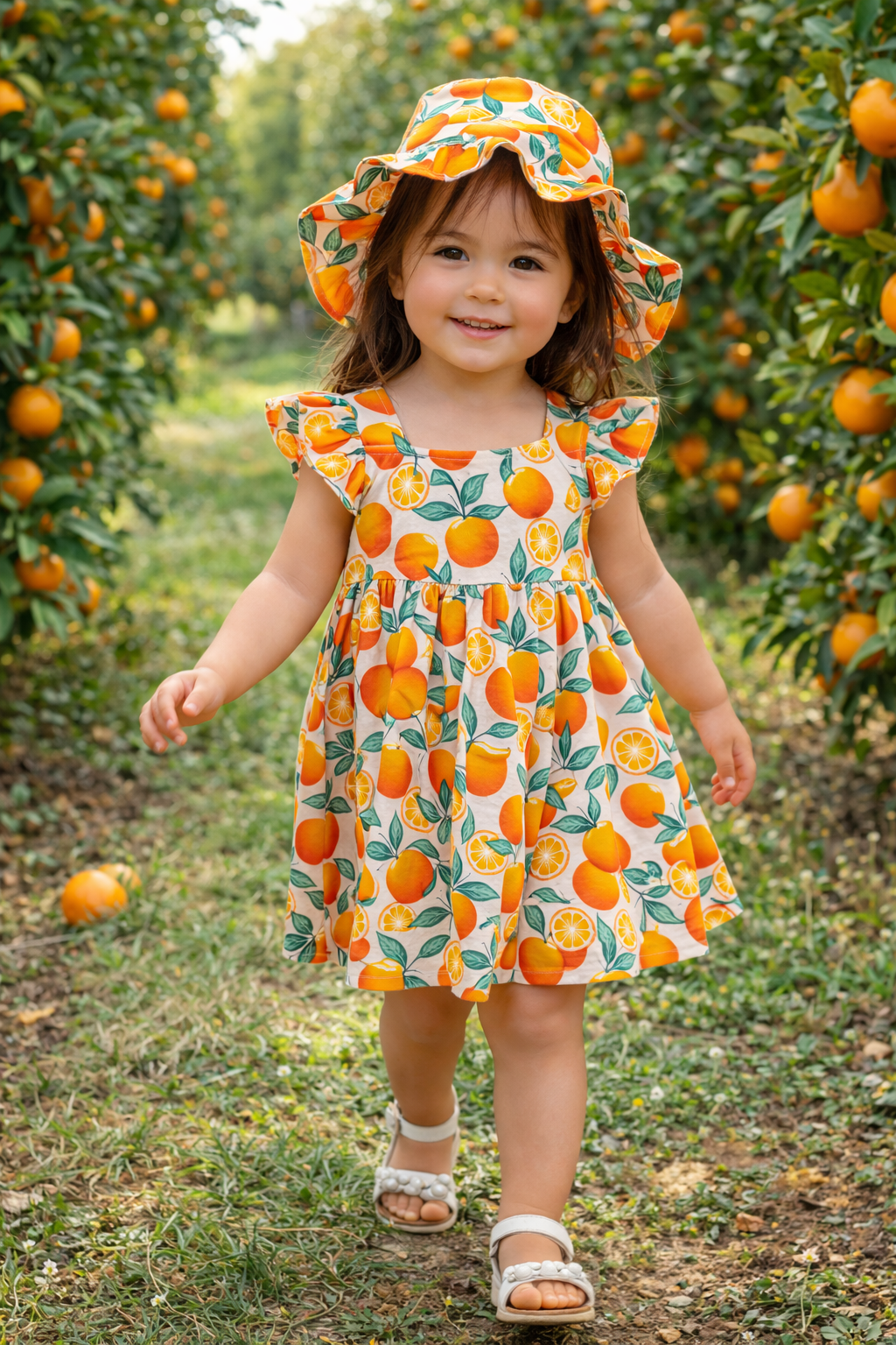 Laze Handmade Orange Fruit Print Girls Dress with Sun Hat Toddler Summer Dress