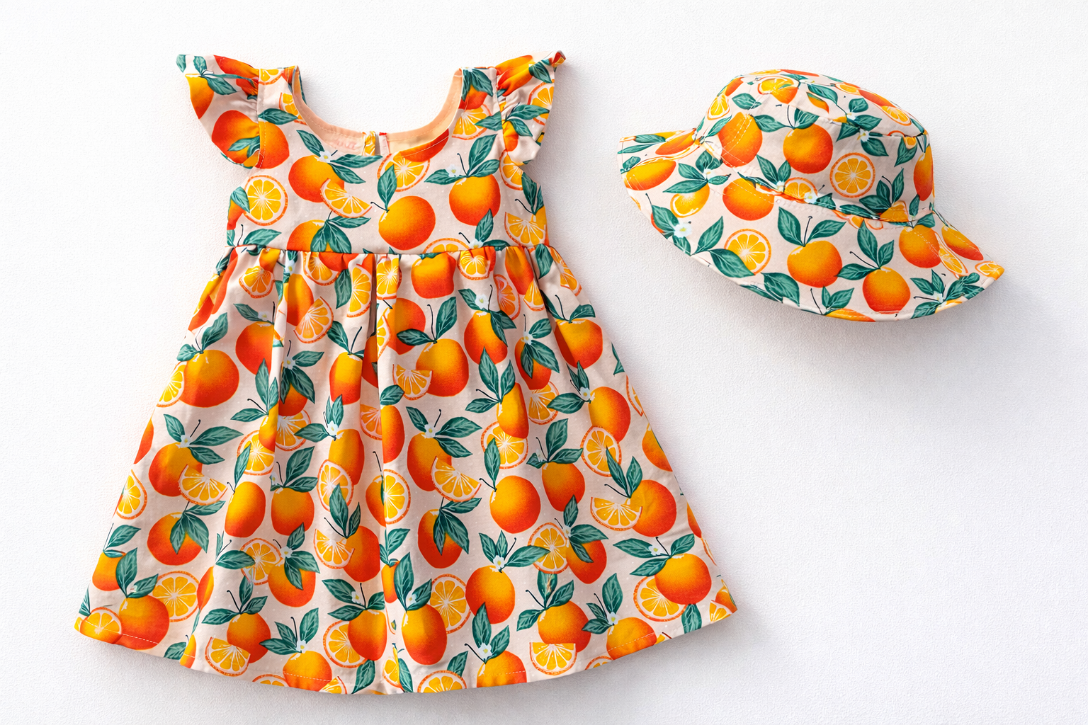 Laze Handmade Orange Fruit Print Girls Dress with Sun Hat Toddler Summer Dress
