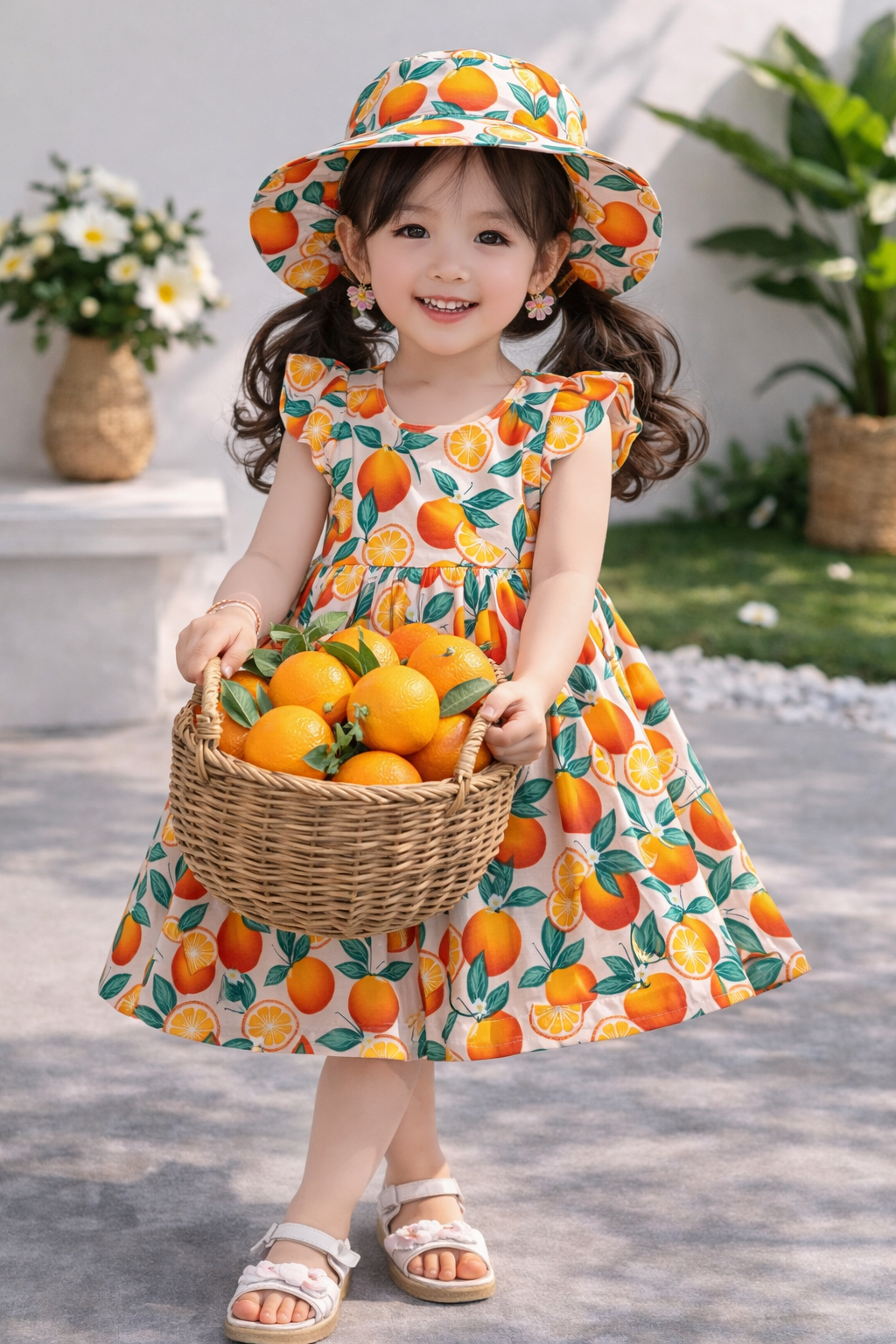 Laze Handmade Orange Fruit Print Girls Dress with Sun Hat Toddler Summer Dress
