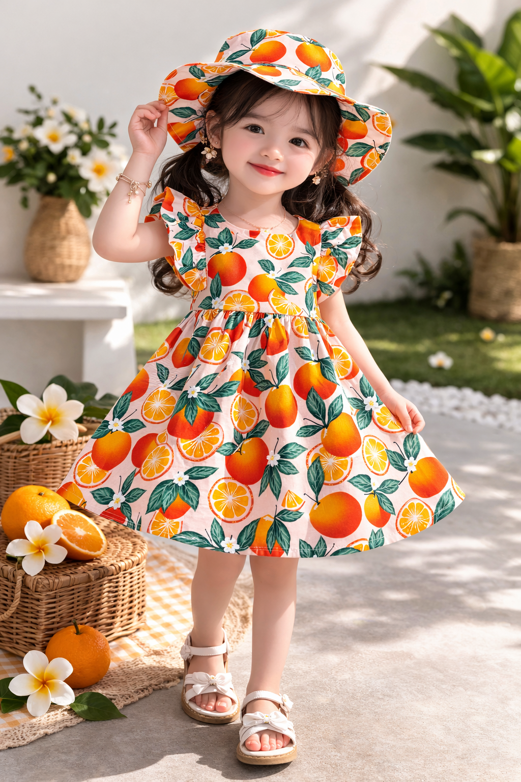 Laze Handmade Orange Fruit Print Girls Dress with Sun Hat Toddler Summer Dress