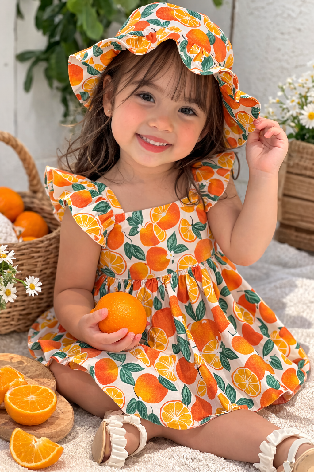 Laze Handmade Orange Fruit Print Girls Dress with Sun Hat Toddler Summer Dress