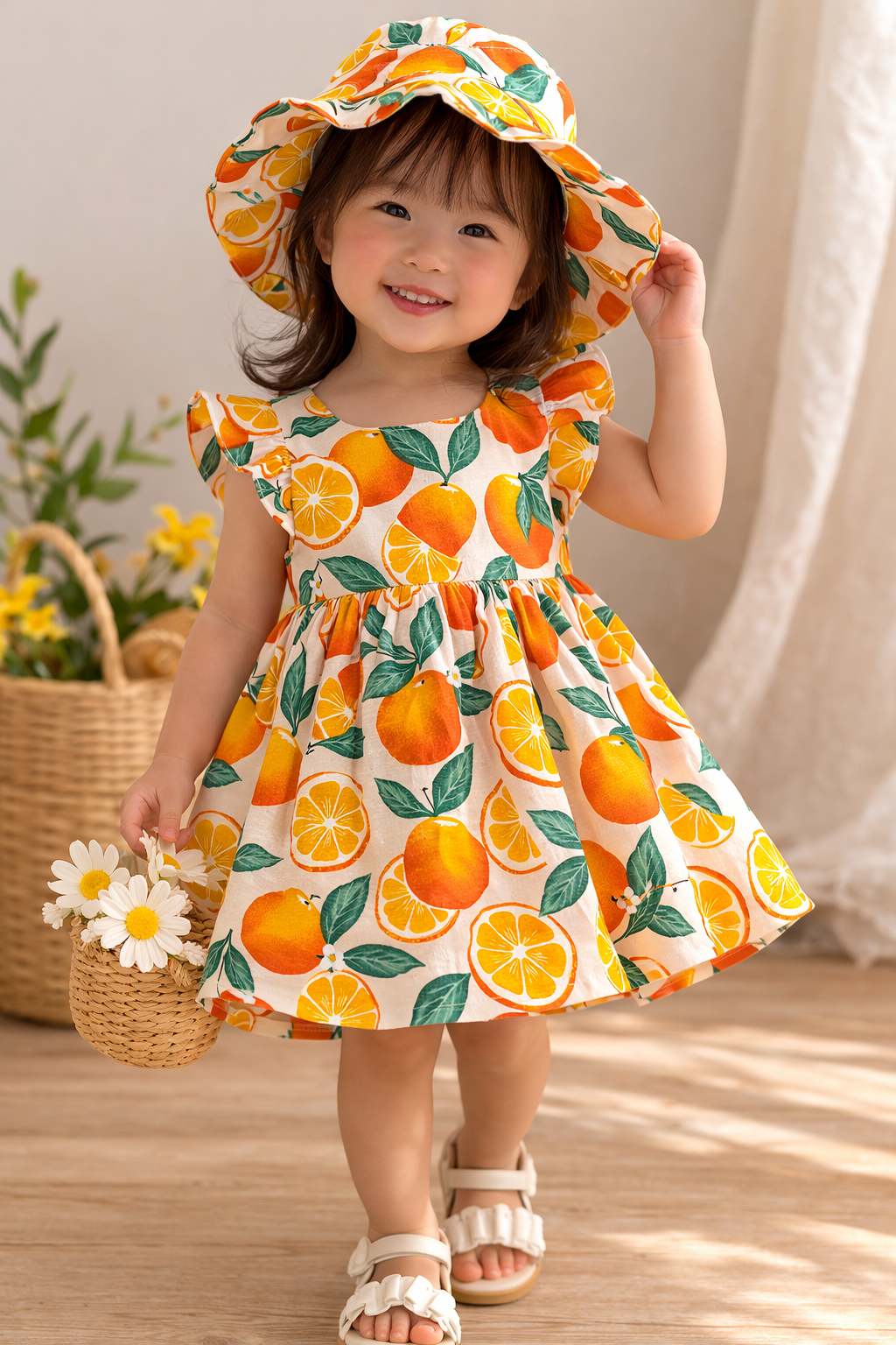 Laze Handmade Orange Fruit Print Girls Dress with Sun Hat Toddler Summer Dress
