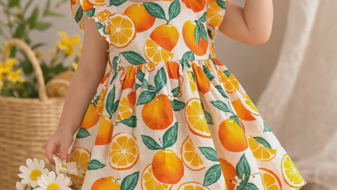 Laze Handmade Orange Fruit Print Girls Dress with Sun Hat Toddler Summer Dress
